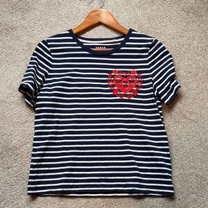 Women’s Boden Navy & White Stripe Tee with Red Heart Embroidery